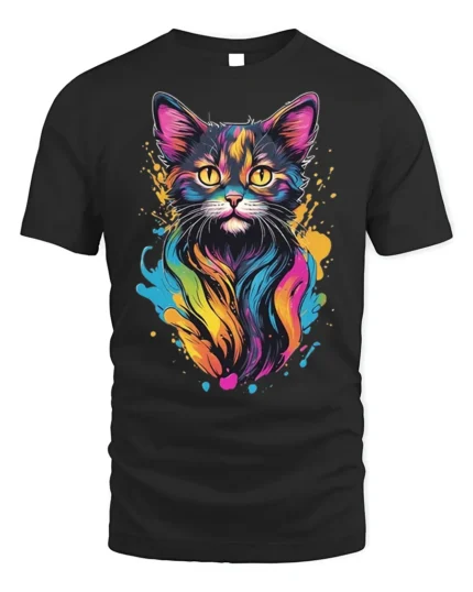 Colorful Neon Cat Art Print Graphic T-Shirt - black t-shirt on white background