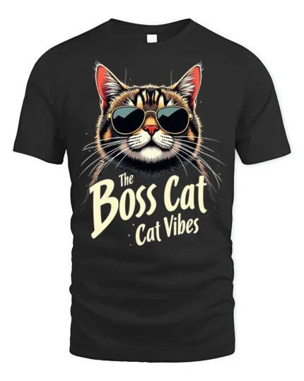 Cool Boss Cat Sunglasses Graphic Vibes T-Shirt - black t-shirt on white background