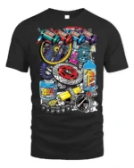 Colorful Racing Engine Parts Graphic T-Shirt - black t-shirt on white background