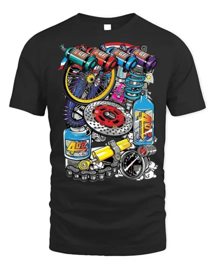 Colorful Racing Engine Parts Graphic T-Shirt - black t-shirt on white background