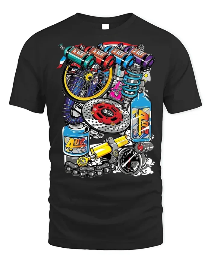 Colorful Racing Engine Parts Graphic T-Shirt - black t-shirt on white background