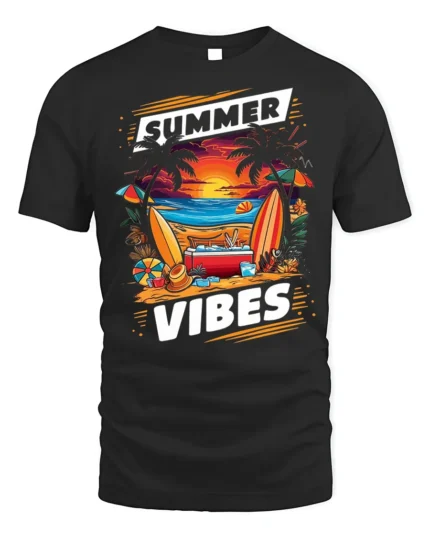 Summer Vibes Beach Sunset Surfing T-Shirt - black t-shirt on white background