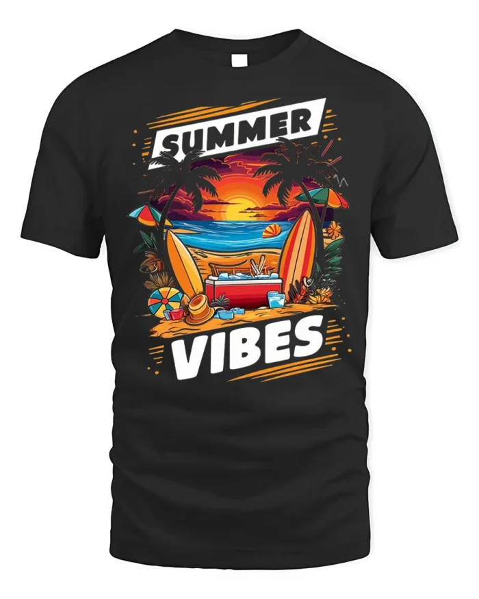 Summer Vibes Beach Sunset Surfing T-Shirt - black t-shirt on white background