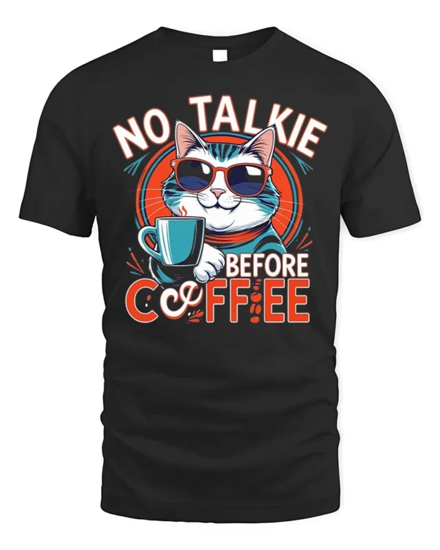 No Talkie Before Coffee Funny Cat T-Shirt - black t-shirt on white background