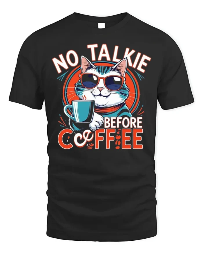 No Talkie Before Coffee Funny Cat T-Shirt - black t-shirt on white background