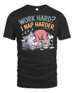Work Hard Nap Harder Funny Lazy Cat T-Shirt - black t-shirt on white background