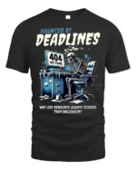 Haunted By Deadlines Funny Skeleton T-Shirt - black t-shirt on white background