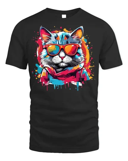 Cool Neon Cat Sunglasses Streetwear T-Shirt - black t-shirt on white background