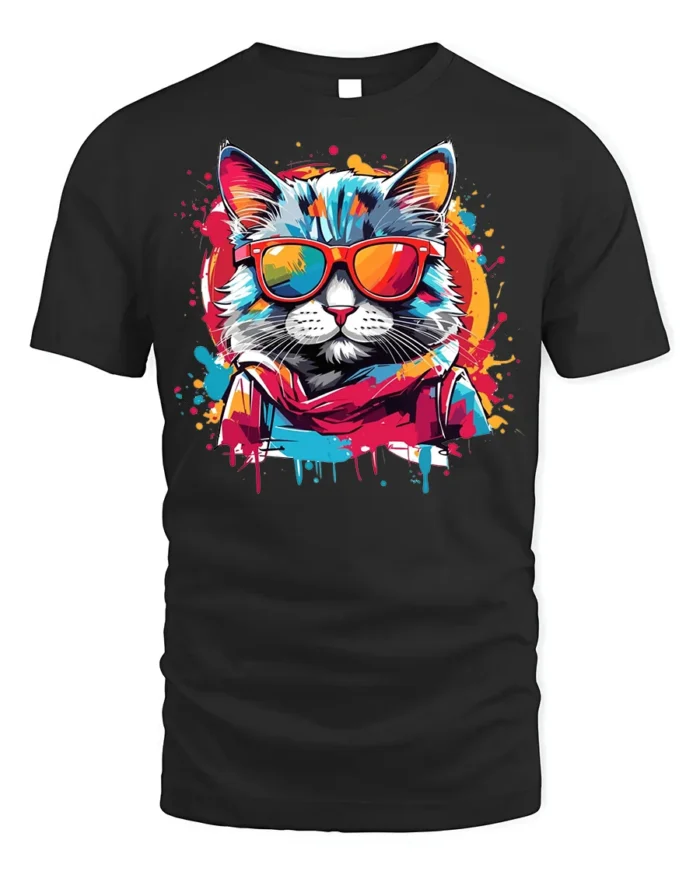 Cool Neon Cat Sunglasses Streetwear T-Shirt - black t-shirt on white background