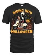 Riding Into Halloween Skeleton Scooter T-Shirt - black t-shirt on white background