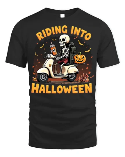 Riding Into Halloween Skeleton Scooter T-Shirt - black t-shirt on white background