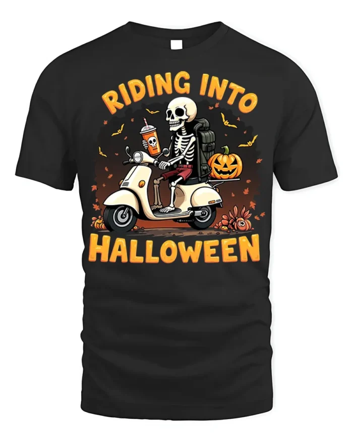 Riding Into Halloween Skeleton Scooter T-Shirt - black t-shirt on white background