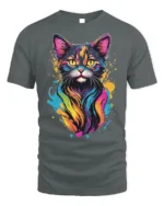 Colorful Neon Cat Art Print Graphic T-Shirt - gray t-shirt on white background
