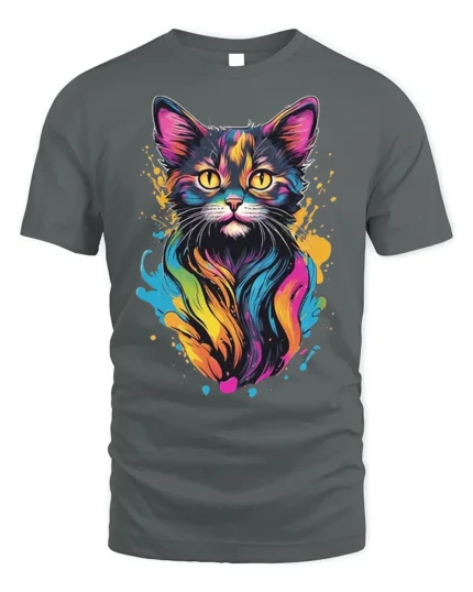 Colorful Neon Cat Art Print Graphic T-Shirt - gray t-shirt on white background