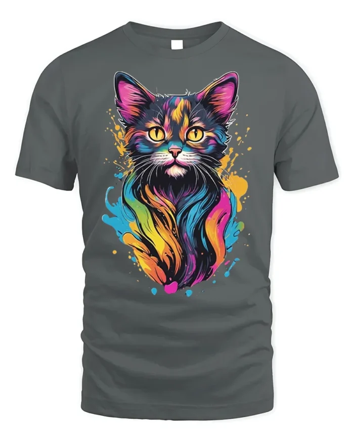 Colorful Neon Cat Art Print Graphic T-Shirt - gray t-shirt on white background