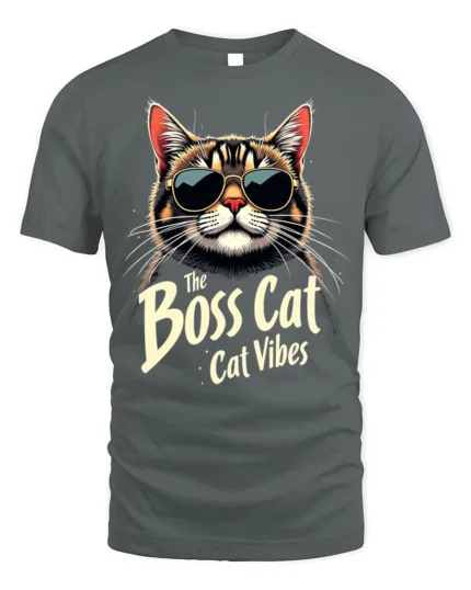 Cool Boss Cat Sunglasses Graphic Vibes T-Shirt - gray t-shirt on white background