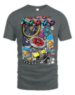 Colorful Racing Engine Parts Graphic T-Shirt - gray t-shirt on white background
