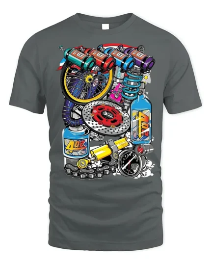Colorful Racing Engine Parts Graphic T-Shirt - gray t-shirt on white background