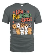 Life Is Purr-Fect With Cats Funny Graphic T-Shirt - gray t-shirt on white background