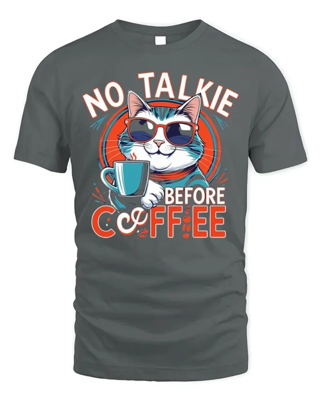 No Talkie Before Coffee Funny Cat T-Shirt - gray t-shirt on white background