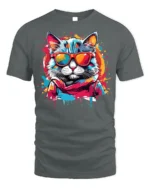 Cool Neon Cat Sunglasses Streetwear T-Shirt - gray t-shirt on white background