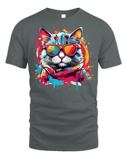 Cool Neon Cat Sunglasses Streetwear T-Shirt - gray t-shirt on white background