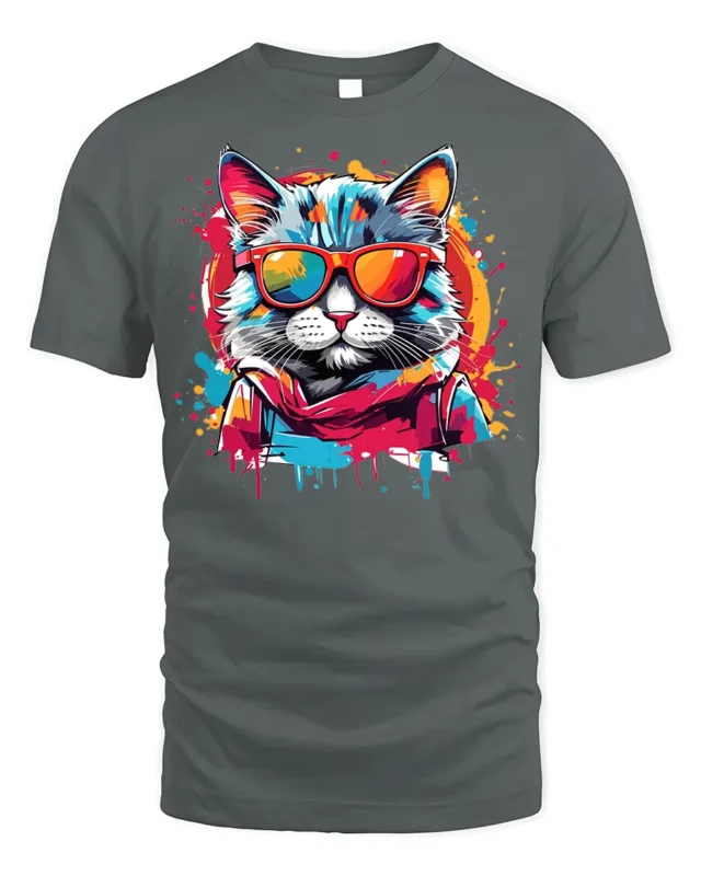 Cool Neon Cat Sunglasses Streetwear T-Shirt - gray t-shirt on white background