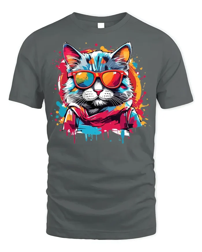 Cool Neon Cat Sunglasses Streetwear T-Shirt - gray t-shirt on white background