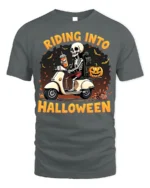Riding Into Halloween Skeleton Scooter T-Shirt - gray t-shirt on white background