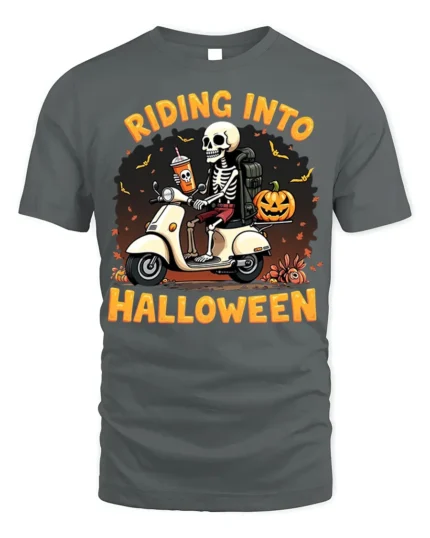 Riding Into Halloween Skeleton Scooter T-Shirt - gray t-shirt on white background