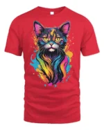 Colorful Neon Cat Art Print Graphic T-Shirt - red t-shirt on white background