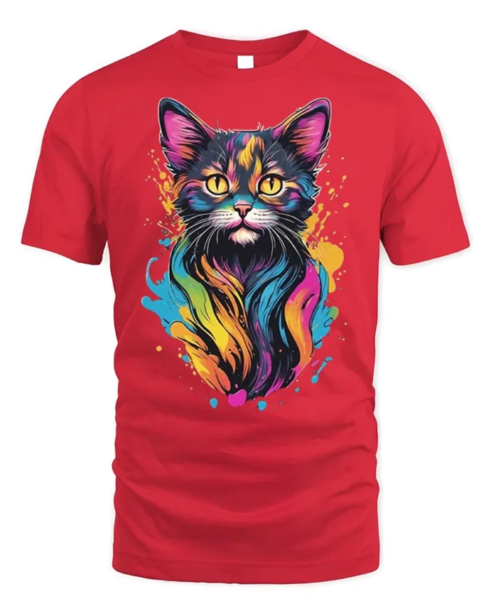 Colorful Neon Cat Art Print Graphic T-Shirt - red t-shirt on white background