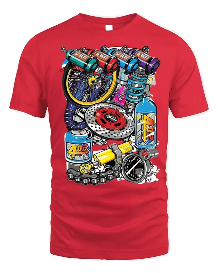 Colorful Racing Engine Parts Graphic T-Shirt - red t-shirt on white background