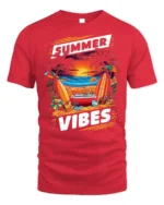 Summer Vibes Beach Sunset Surfing T-Shirt - red t-shirt on white background