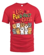 Life Is Purr-Fect With Cats Funny Graphic T-Shirt - red t-shirt on white background