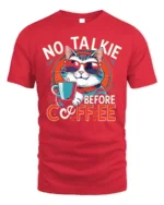 No Talkie Before Coffee Funny Cat T-Shirt - red t-shirt on white background