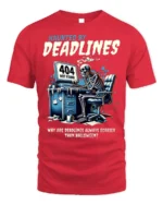 Haunted By Deadlines Funny Skeleton T-Shirt - red t-shirt on white background