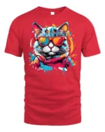 Cool Neon Cat Sunglasses Streetwear T-Shirt - red t-shirt on white background