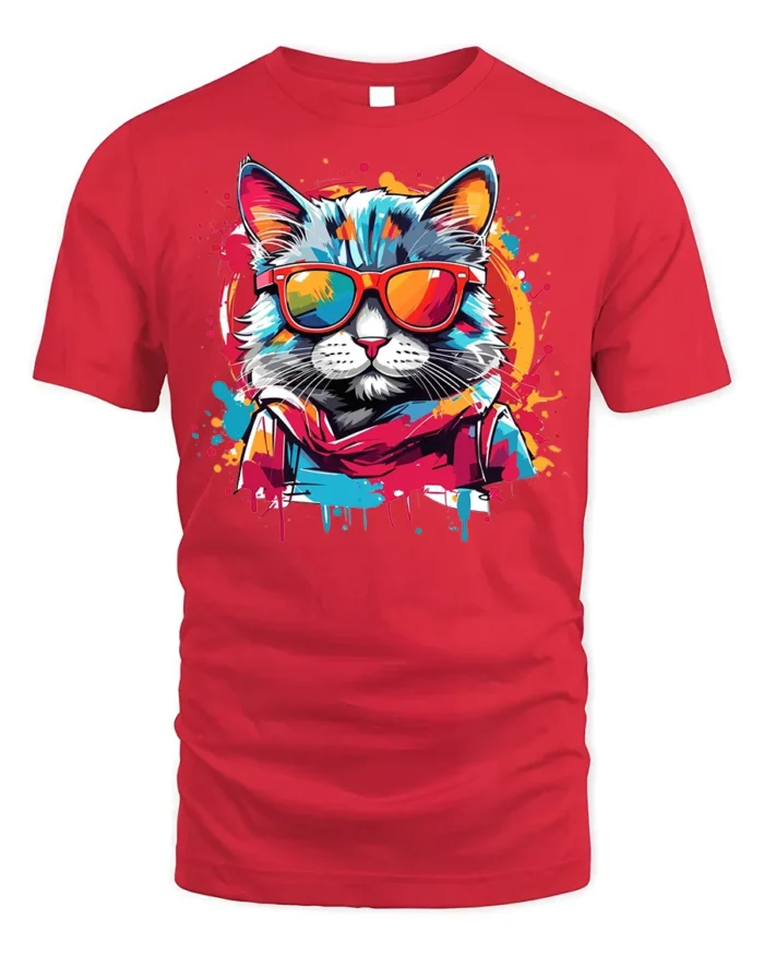 Cool Neon Cat Sunglasses Streetwear T-Shirt - red t-shirt on white background