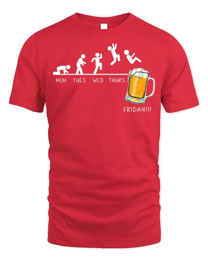 Funny Beer Friday Evolution Drinking T-Shirt - red t-shirt on white background