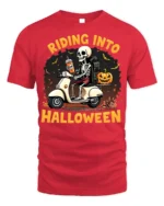 Riding Into Halloween Skeleton Scooter T-Shirt - red t-shirt on white background