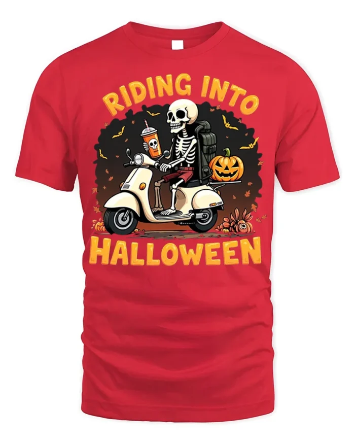 Riding Into Halloween Skeleton Scooter T-Shirt - red t-shirt on white background
