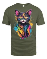Colorful Neon Cat Art Print Graphic T-Shirt - military green t-shirt on white background