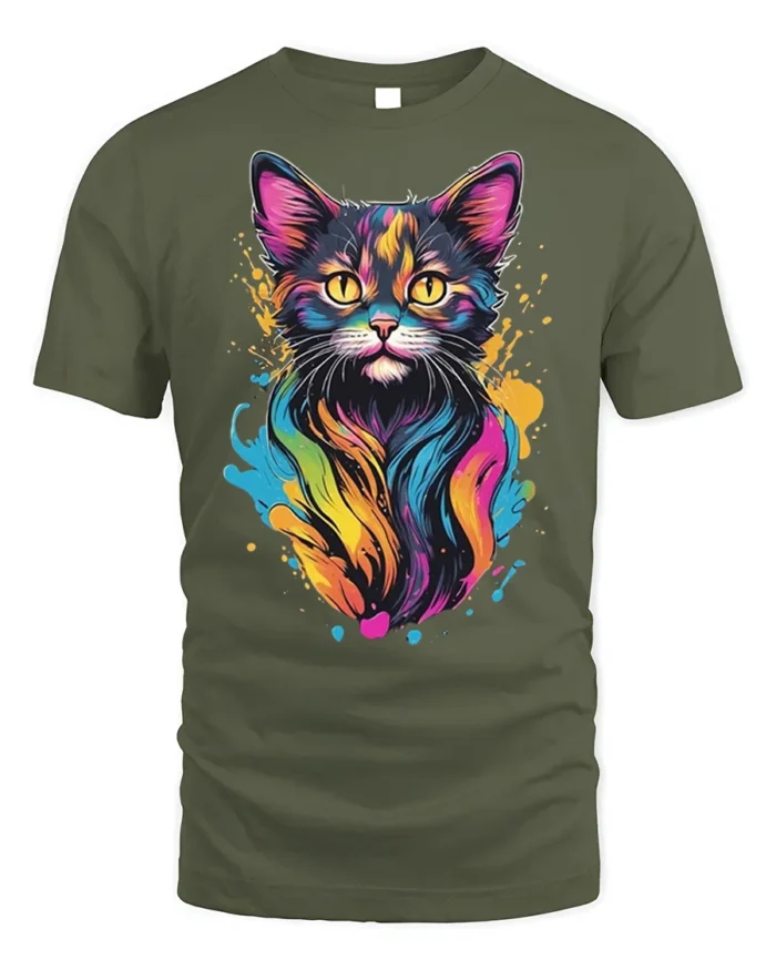 Colorful Neon Cat Art Print Graphic T-Shirt - military green t-shirt on white background
