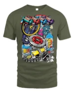Colorful Racing Engine Parts Graphic T-Shirt - military green t-shirt on white background