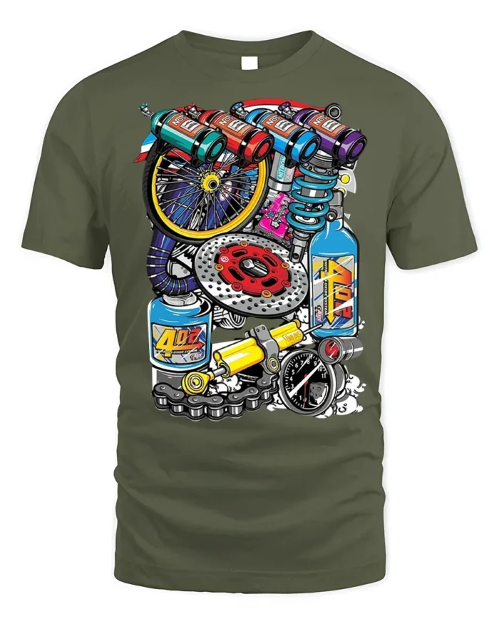 Colorful Racing Engine Parts Graphic T-Shirt - military green t-shirt on white background