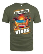 Summer Vibes Beach Sunset Surfing T-Shirt - military green t-shirt on white background