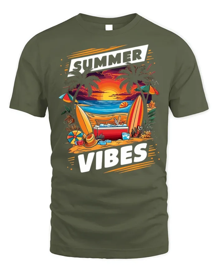 Summer Vibes Beach Sunset Surfing T-Shirt - military green t-shirt on white background