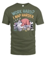 Work Hard Nap Harder Funny Lazy Cat T-Shirt - military green t-shirt on white background