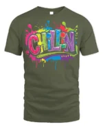 Colorful Chillin Graffiti Streetwear T-Shirt - military green t-shirt on white background